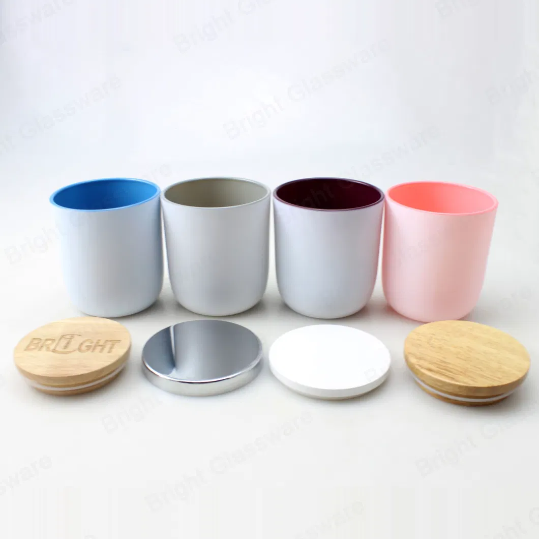 Wholesale Customize White Pink Blue Painting Glass Candle Holder with Wooden and Metal Lids