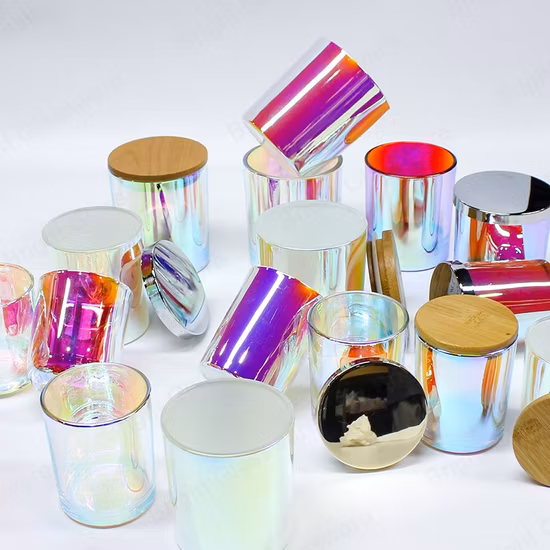 Portavelas holográfico de tarro de vela iridiscente de lujo con tapa de metal