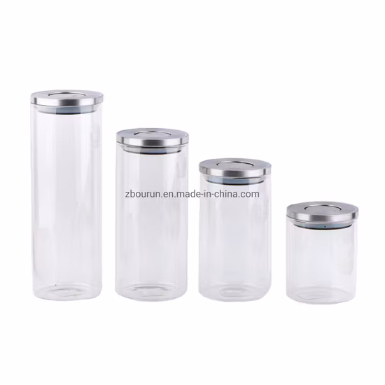 Botella de vidrio de borosilicato de boca ancha/recipiente de vidrio/tarro de vidrio de borosilicato/tarro de almacenamiento de vidrio/tarro de vidrio para alimentos/con tapa de acero inoxidable