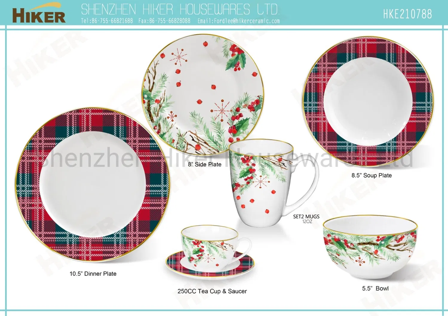 Vajilla de porcelana clásica roja, plato llano Winterberries