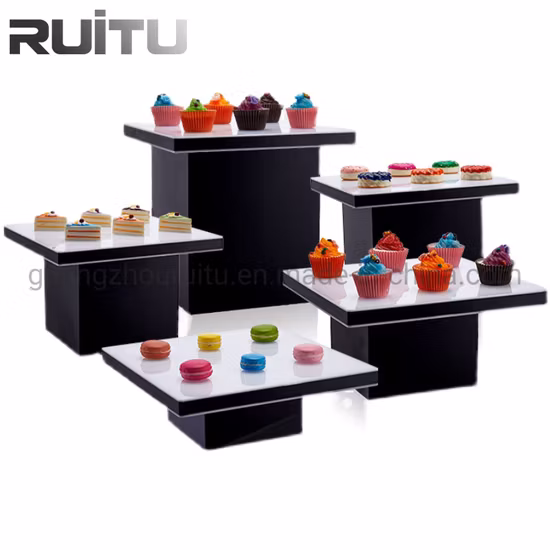 Estantes de exhibición de buffet de hotel, 3 niveles, exhibición decorativa de magdalenas dulces, tubo acrílico cuadrado para fiesta, boda, platos blancos, soporte para pastel elevador de buffet de acero inoxidable