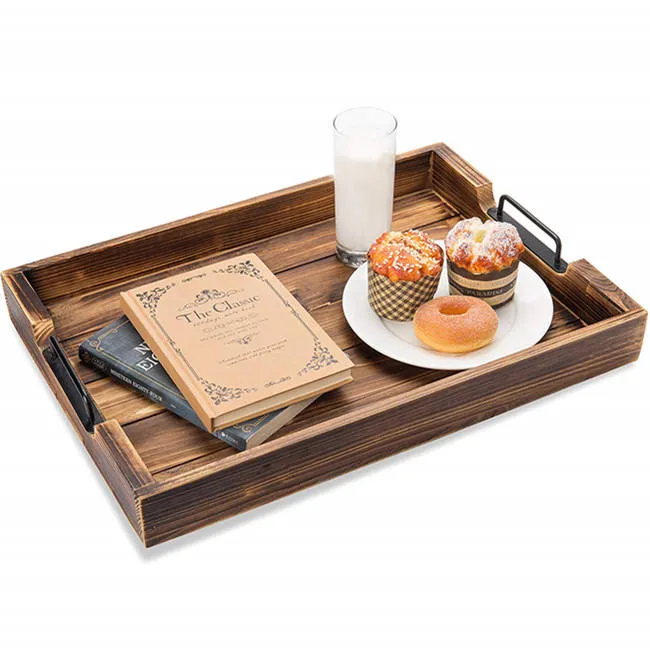 Bandeja de madera quemada Bandejas rectangulares para servir anidadas con asas de metal al por mayor